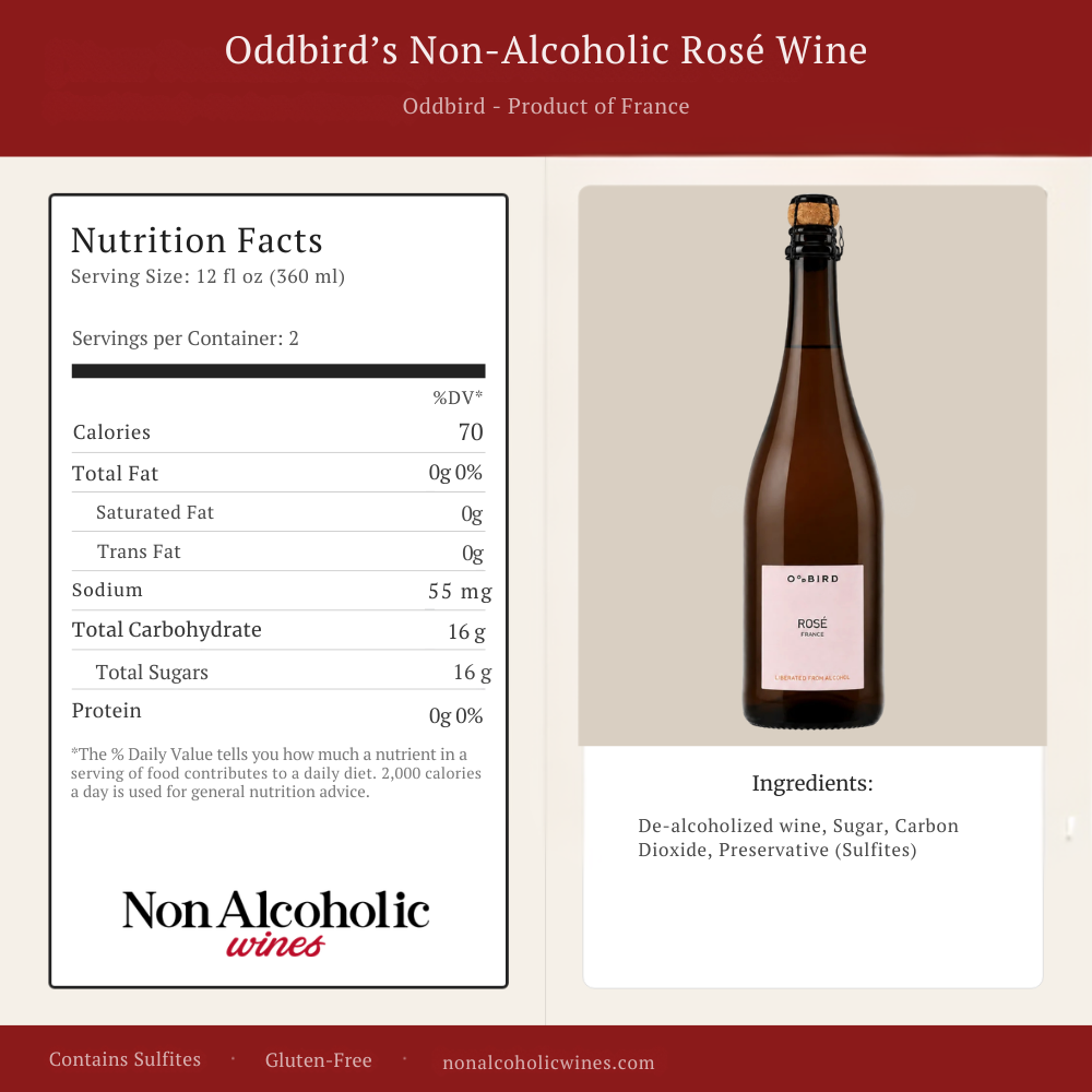 A product information graphic for Oddbird's Non-Alcoholic Rosé Wine. The left side shows a Nutrition Facts label with serving size 12 fl oz (360 ml), calories 70, and other nutrition details.