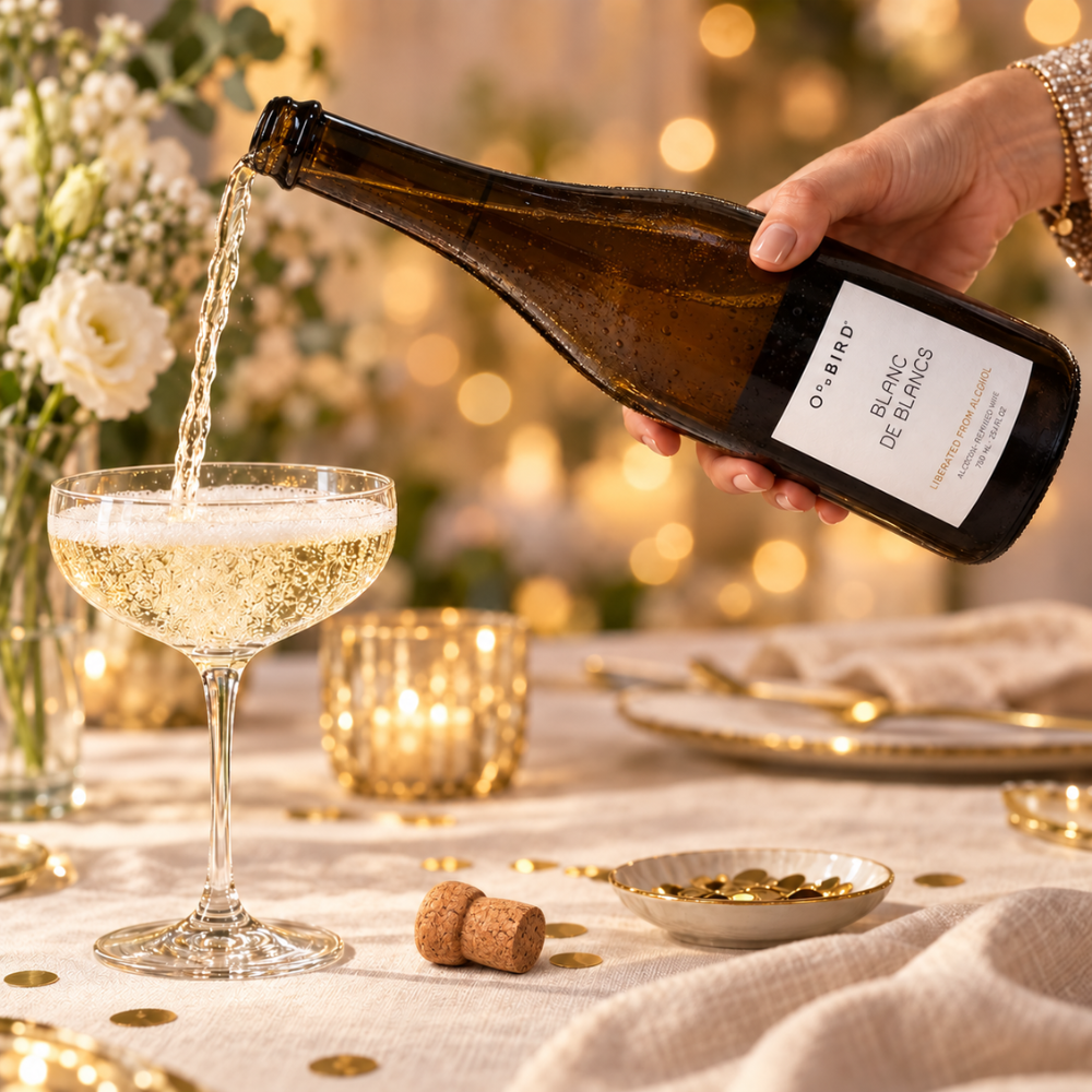 A hand pours sparkling white wine from a dark brown glass bottle labeled 'OLIVAND BLANC DE BELLAS' into a coupe glass on a decorated table with gold plates, candles, and flowers.