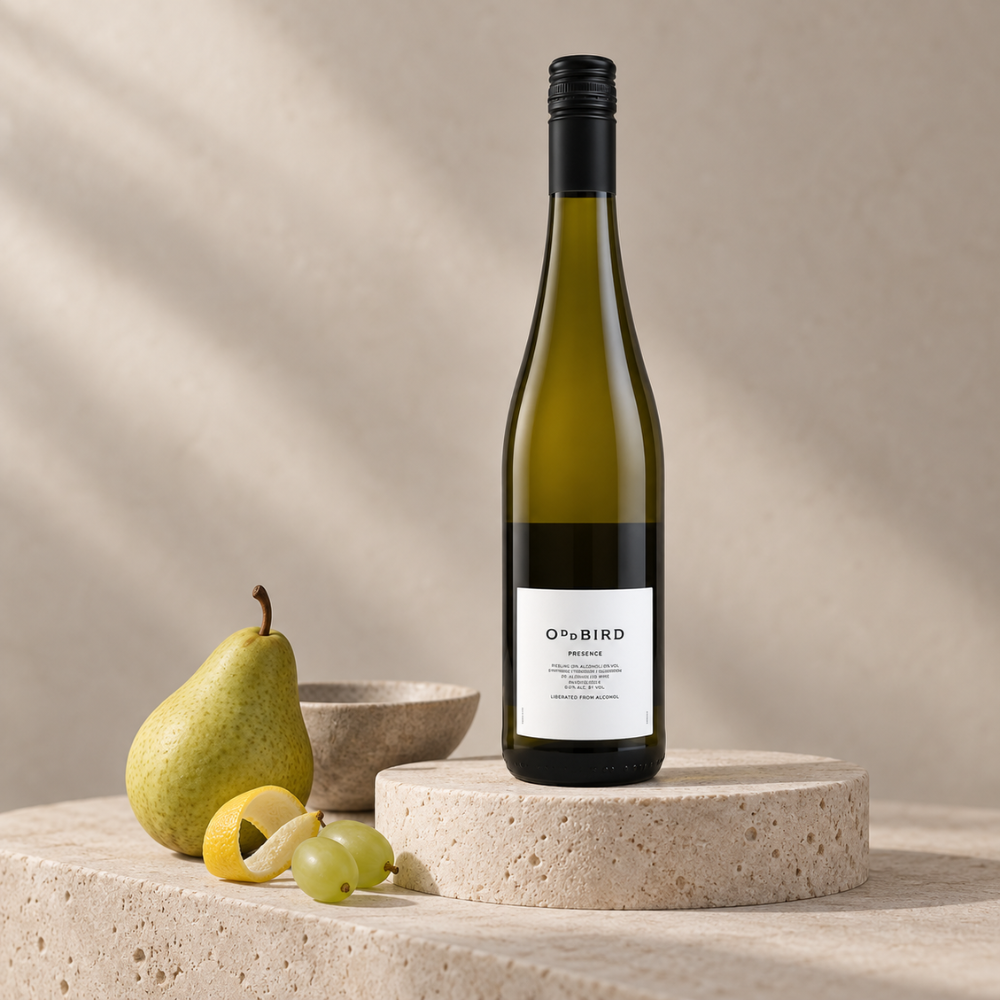 A bottle of O'N BIRD Organic white wine stands on a round stone pedestal, styled with a green pear, a lemon slice, and green grapes on a matching stone surface against a warm beige background with soft shadows.