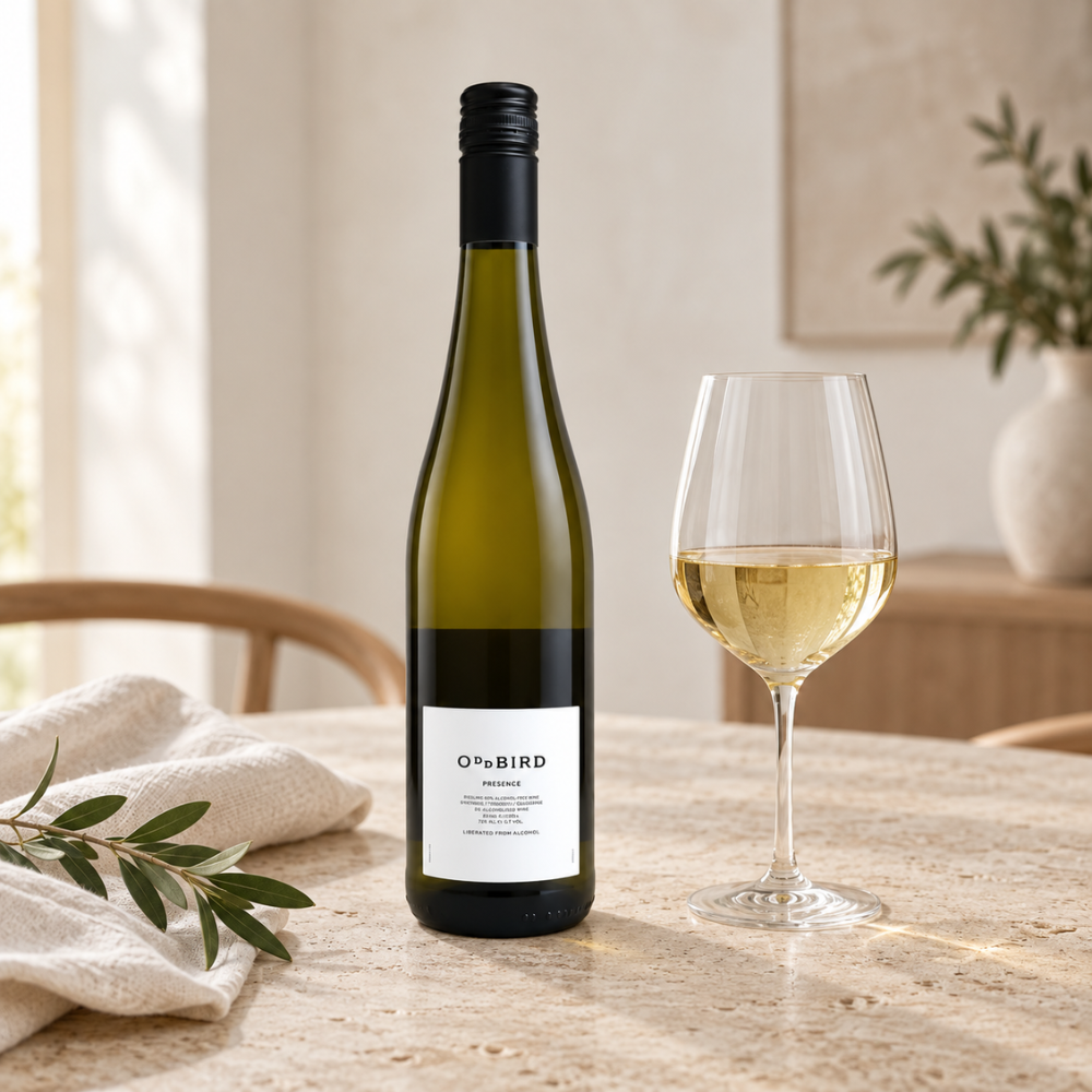 A bottle of O'Ne's Bird Sauvignon Blanc white wine stands on a stone table beside a filled wine glass, with a neutral indoor setting in the background.
