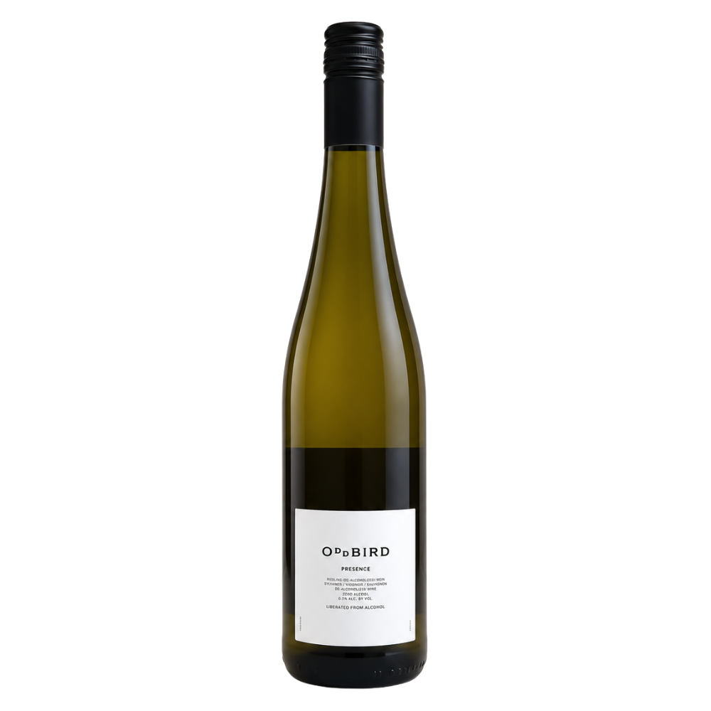 A bottle of QPoBIRD Pinot Grigio white wine with a black cap and a minimalist white label, set against a solid white background.