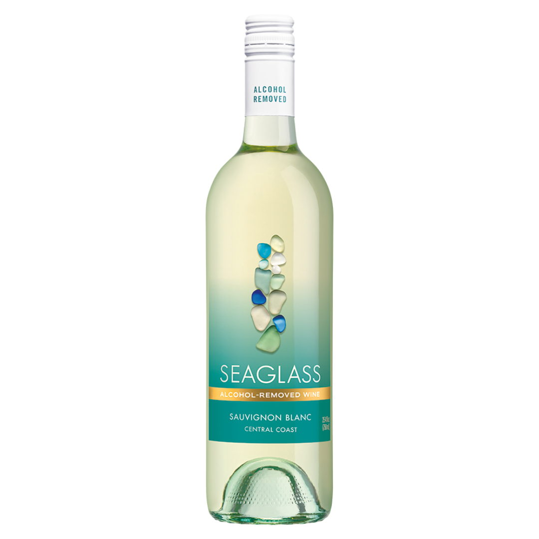 Bottle of Seaglass alcohol-free wine on a white background