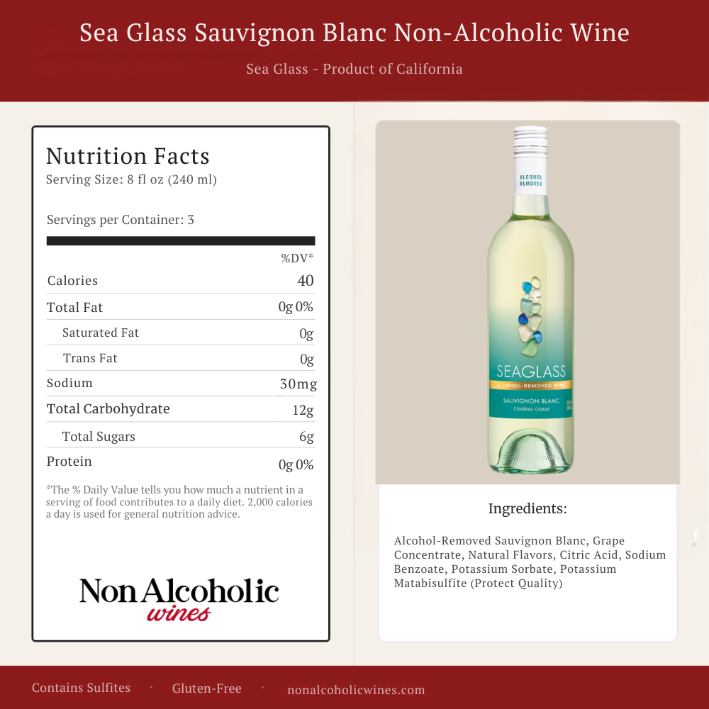 Sea Glass Sauvignon Blanc Non-Alcoholic Wine bottle with nutrition facts and product details on a beige background.