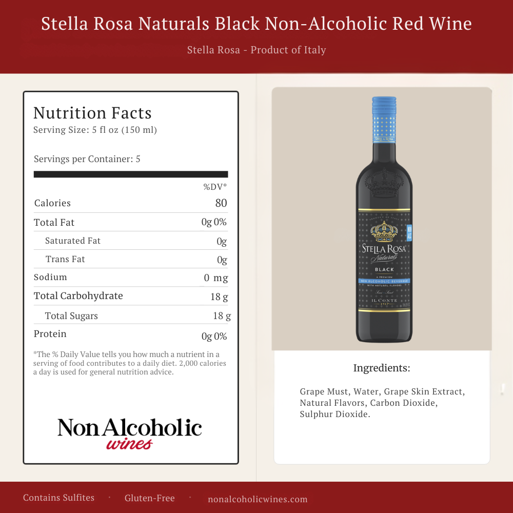 A product information graphic for Stella Rosa Naturals Black Non-Alcoholic Red Wine. The left side shows a Nutrition Facts label, and the right side shows a bottle of the wine with a blue cap and gold crown label.