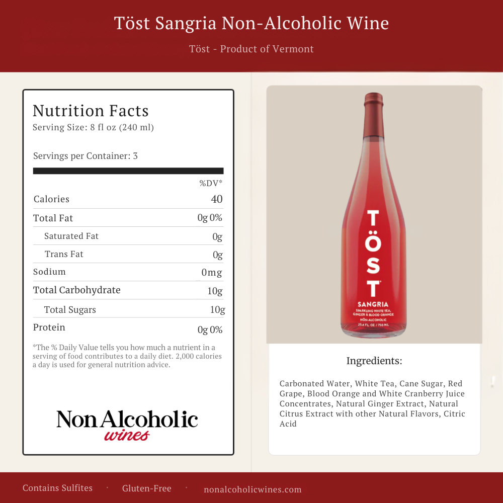 Töst Sangria Non-Alcoholic Wine bottle with nutrition facts panel on a beige background