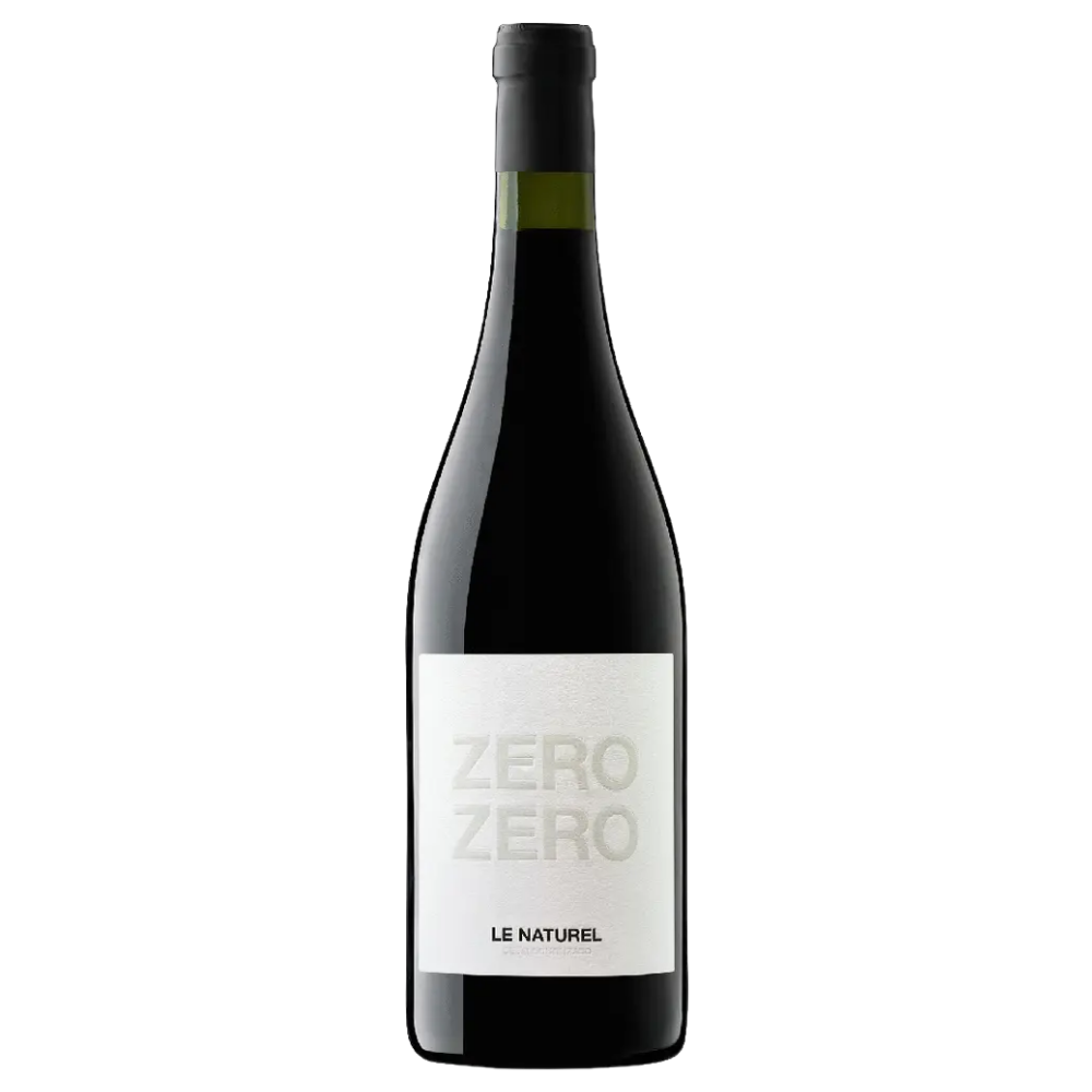 A bottle of Le Naturel Zero wine with a dark glass body, a white label with embossed lettering, and a black capsule, shown against a plain white background.