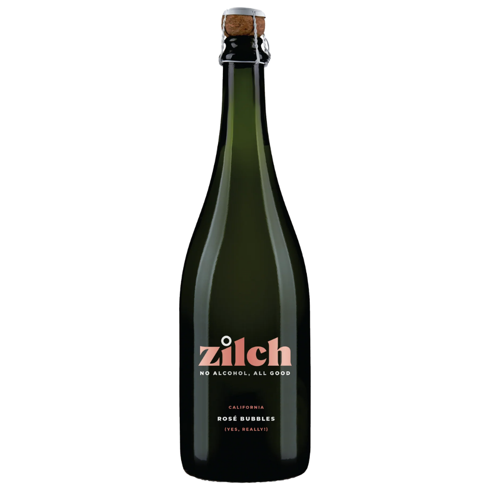A bottle of Zilch California Rose Bubbles Free Alcohol sparkling wine, featuring a dark green glass bottle with a cork stopper and a pink and white label.
